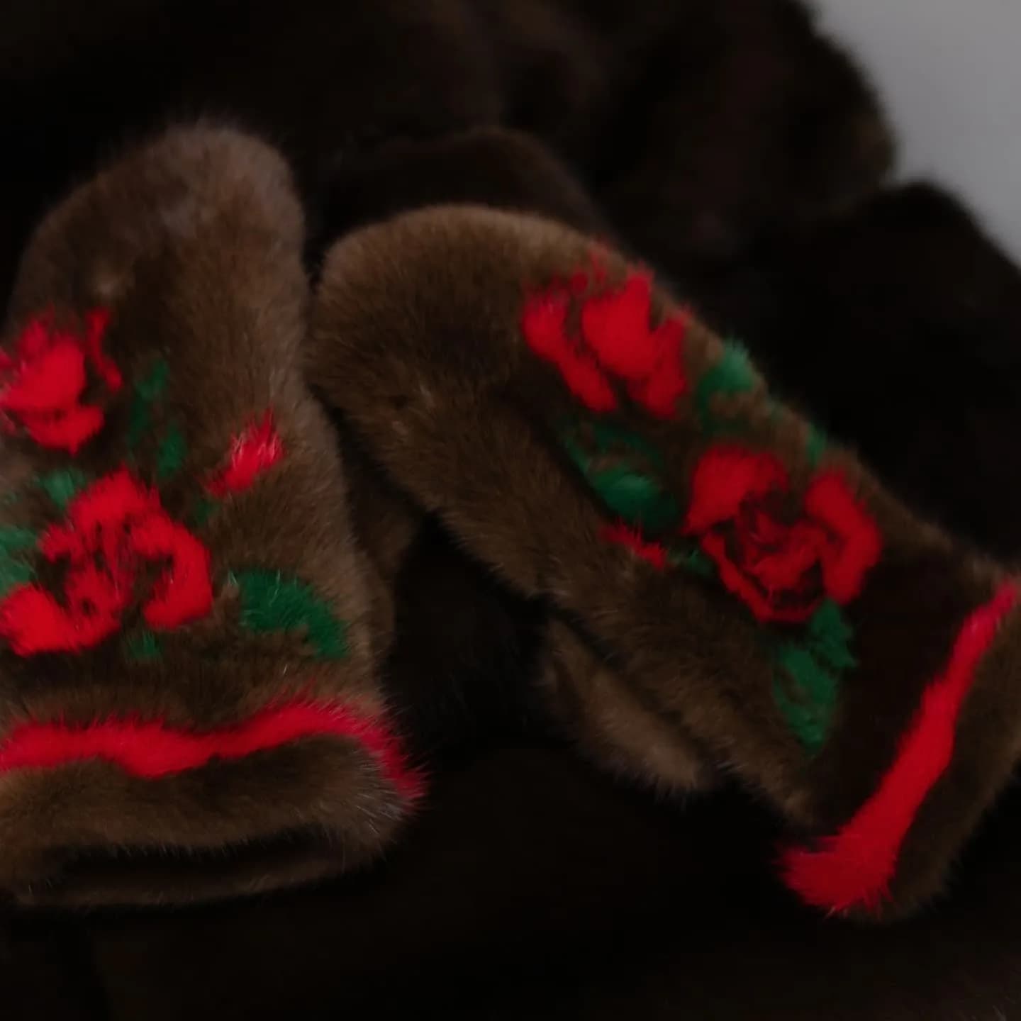 Brown mink mittens with red roses