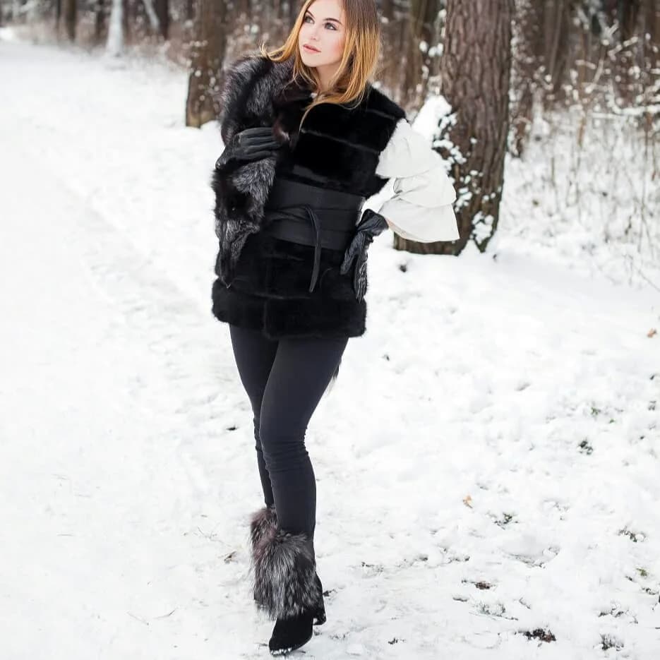 Black sheared mink gilet with leather inserts