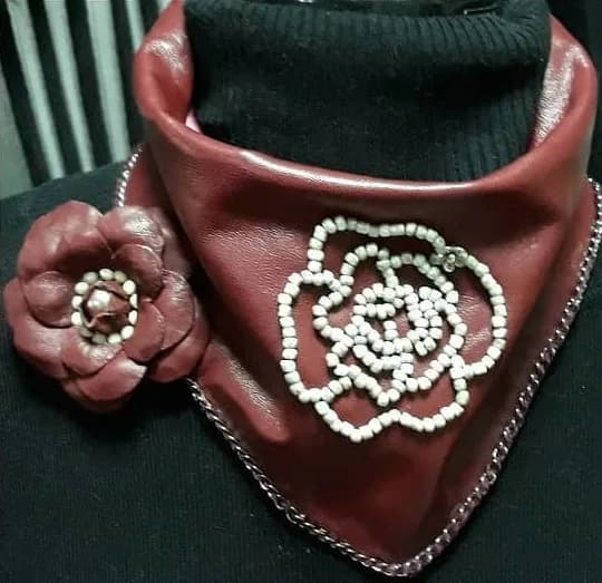 Marsala leather headscarf with floral embroidery
