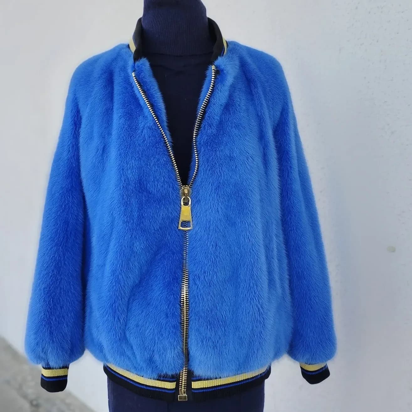 Blue mink bomber jacket