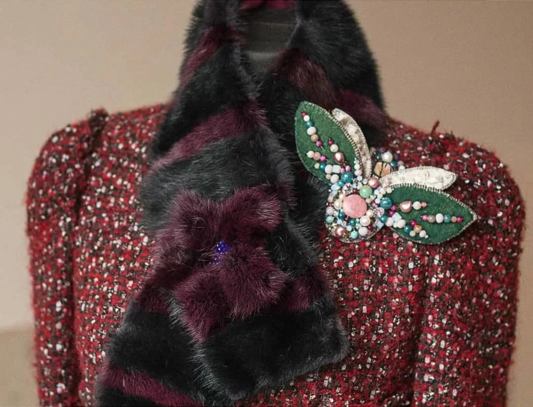 Black and burgundy striped mink scarf