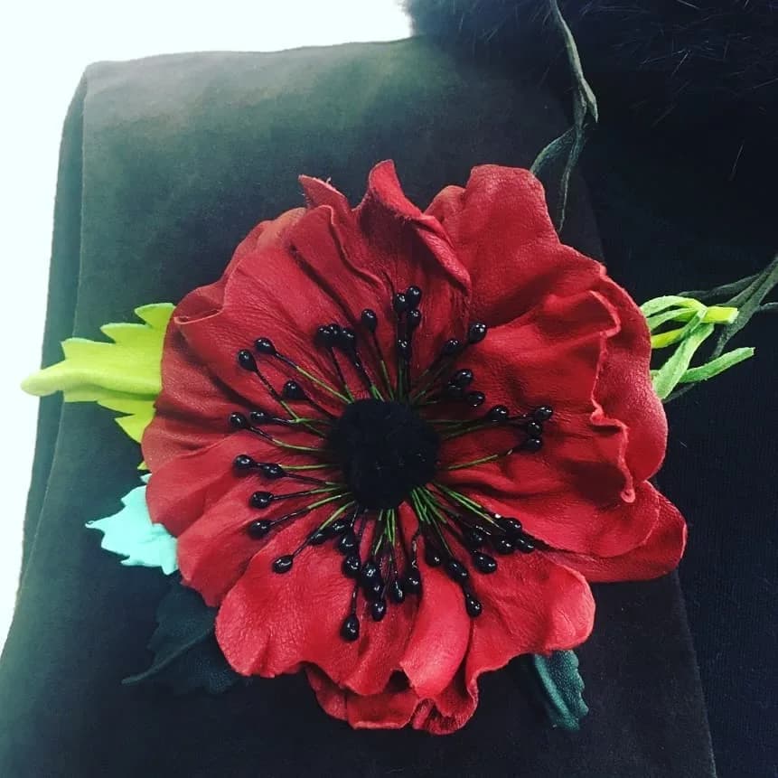 Red Poppy leather brooch with natural stones