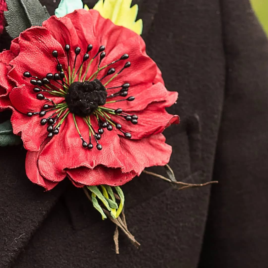 Red Poppy leather brooch with natural stones