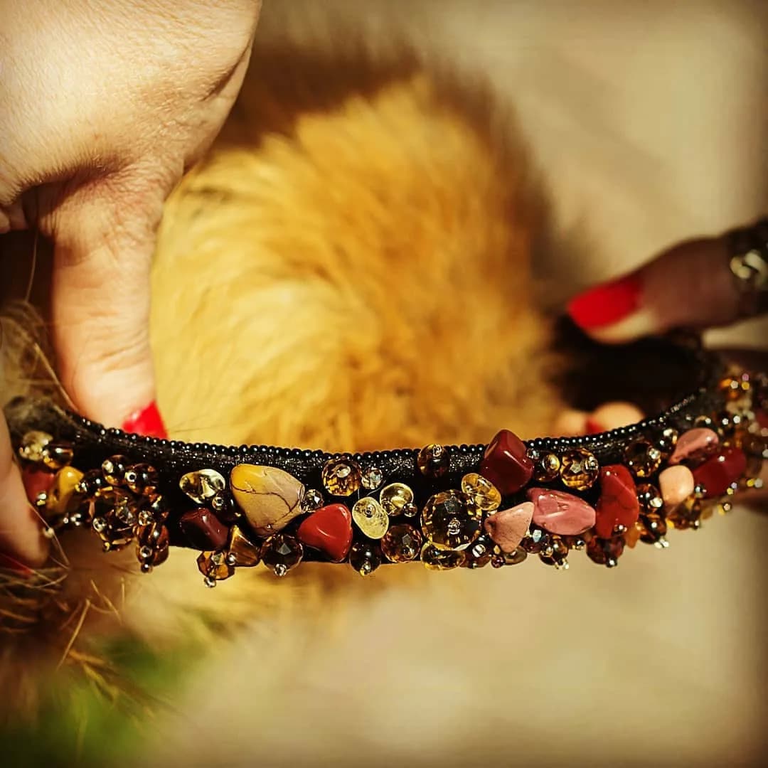 Fox fur earmuffs with natural stones