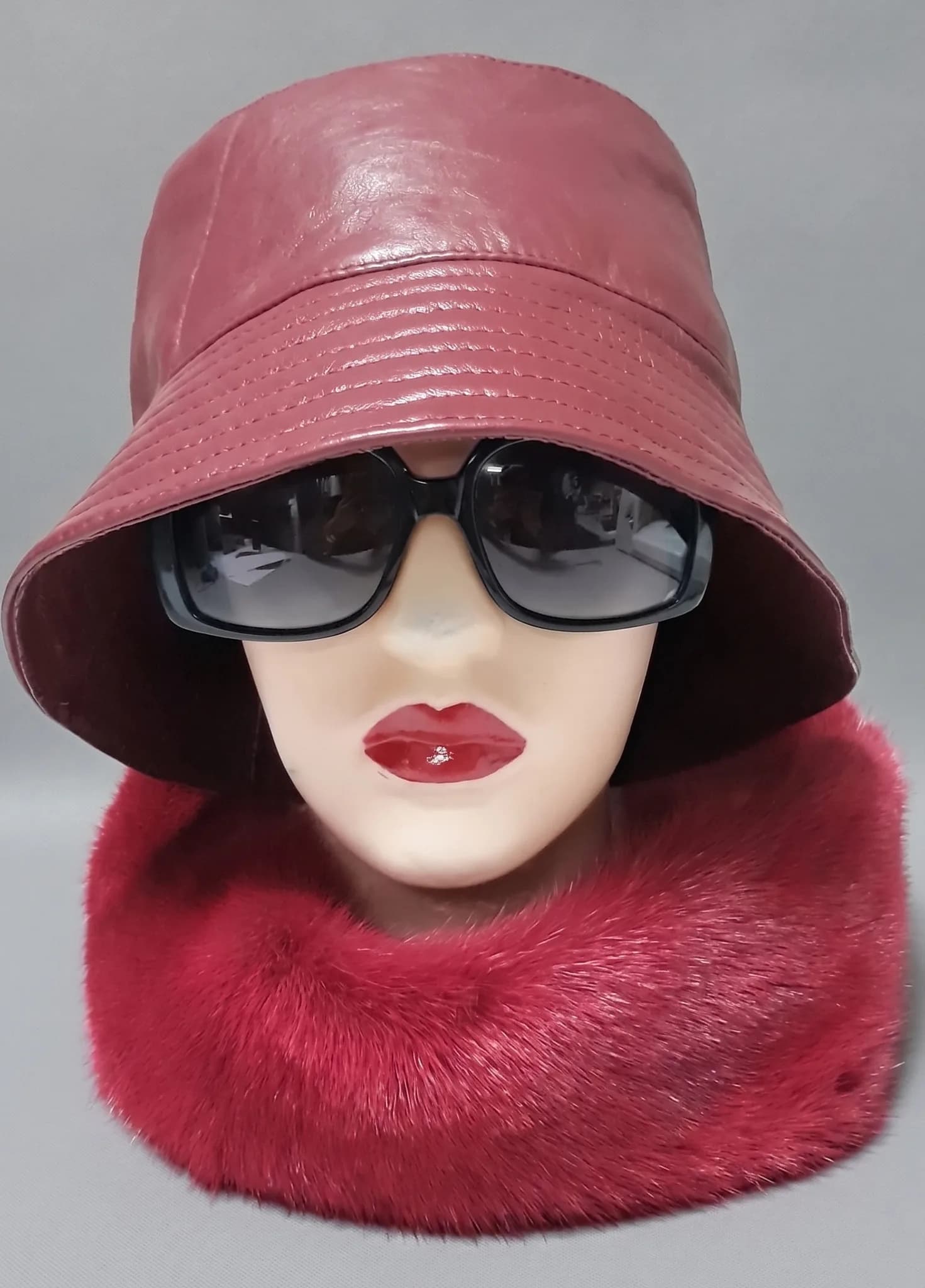 Red leather bucket hat