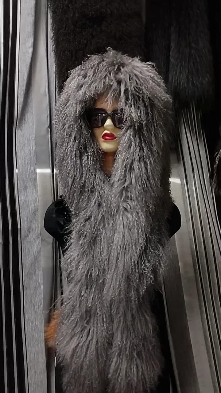 Grey reversible llama fur hood
