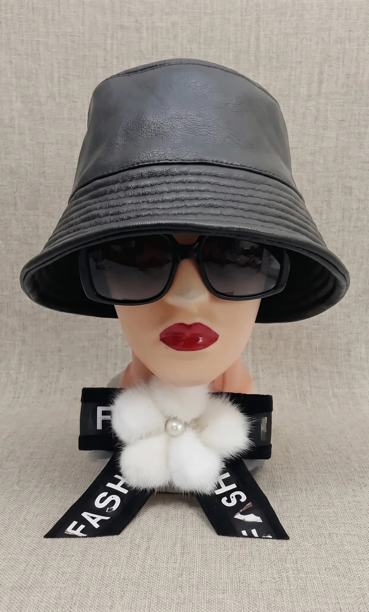 Black leather bucket hat